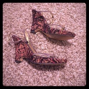 Brocade & Gold Strappy Wedges
